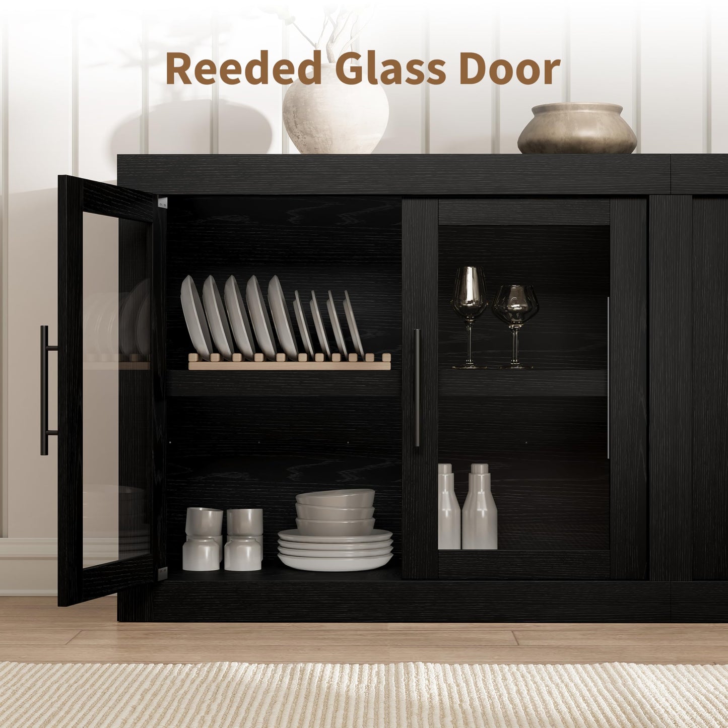 70.8" Sideboard Buffet Cabinet with 4 Glass Doors, Farmhouse Modern Accent Cabinet with Storage, Wood Coffee Bar Media Console Credenza for Living Room, Kitchen, Hallway, Black