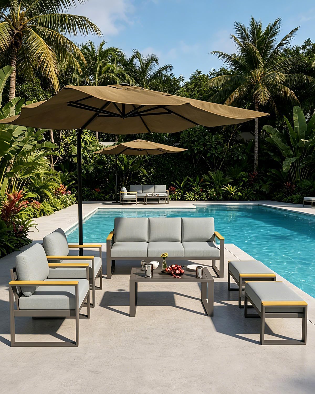 GarveeLife Aluminum Patio Furniture Set, 7 Seats Outdoor Patio Conversation Sets with Coffee Table, 6 Pieces Metal Conversation Sectional Furniture Sofa for Balcony, Garden, Deck, Backyard,Gray