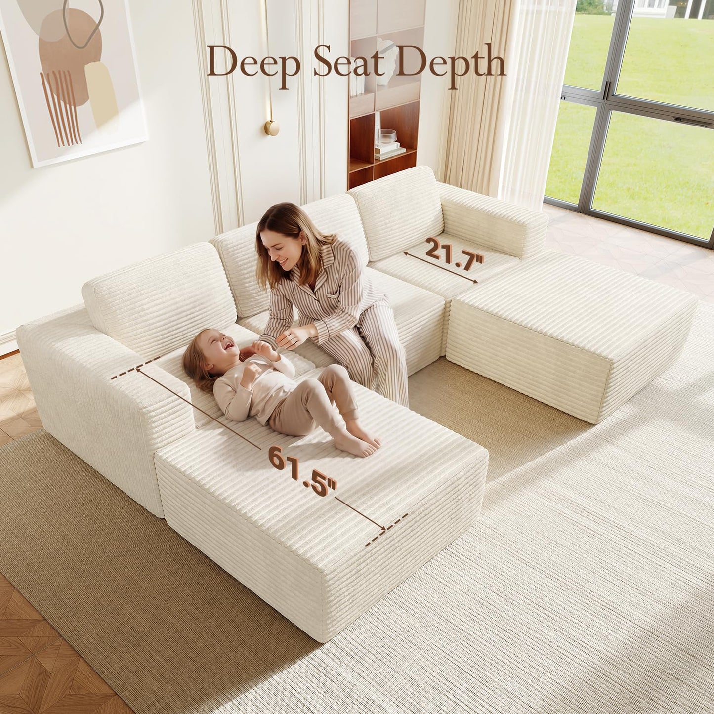 119" U-Shaped Modular Cloud Sofa, Corduroy Sectional Couch with Extra Deep Seats & Durable Spring Support, Convertible Boneless Sofa Set with Dual Ottomans, No Assembly, Beige