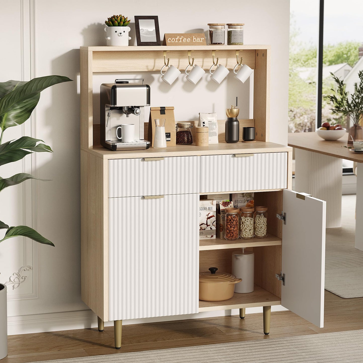 GarveeHome Fluted Sideboard Buffet Cabinet with Storage, Small Modern Coffee Bar Cabinet with Adjustable Shelves & 2 Drawers, Wood Buffet Console Table for Kitchen Dining Room Living Room