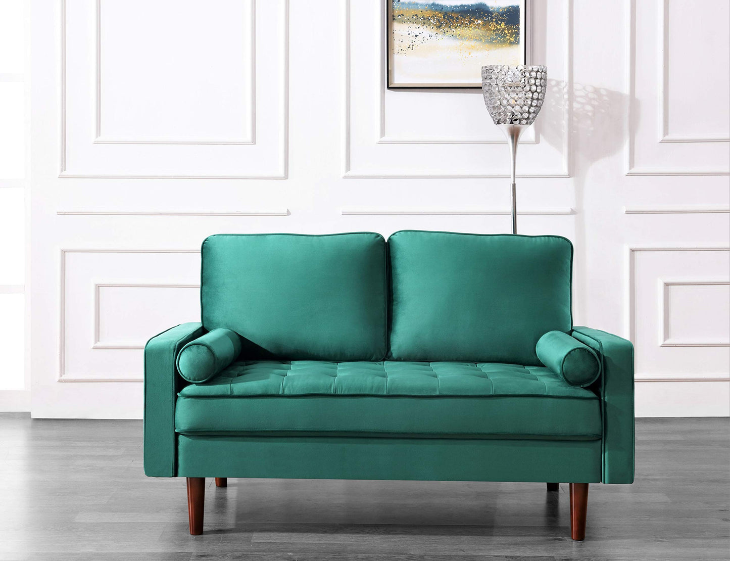 Container Furniture Direct Womble 58 Inch Velvet Loveseat Sofa with Elegant Button Tufted Upholstery, Square Arms, Splayed Wood Legs, Includes Matching Bolster Pillows, Green
