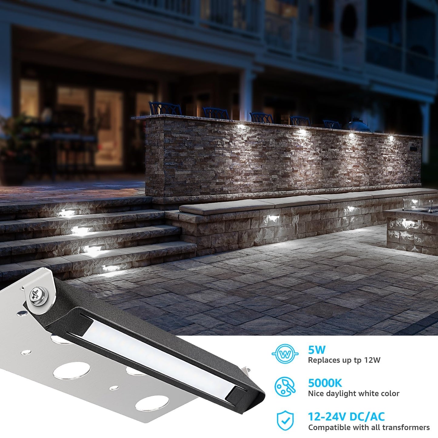 SUNVIE Hardscape Lighting 5W LED 5000K Waterproof Low Voltage Step Lights, Matte Black, Model CLDF0512C, 12 Pack