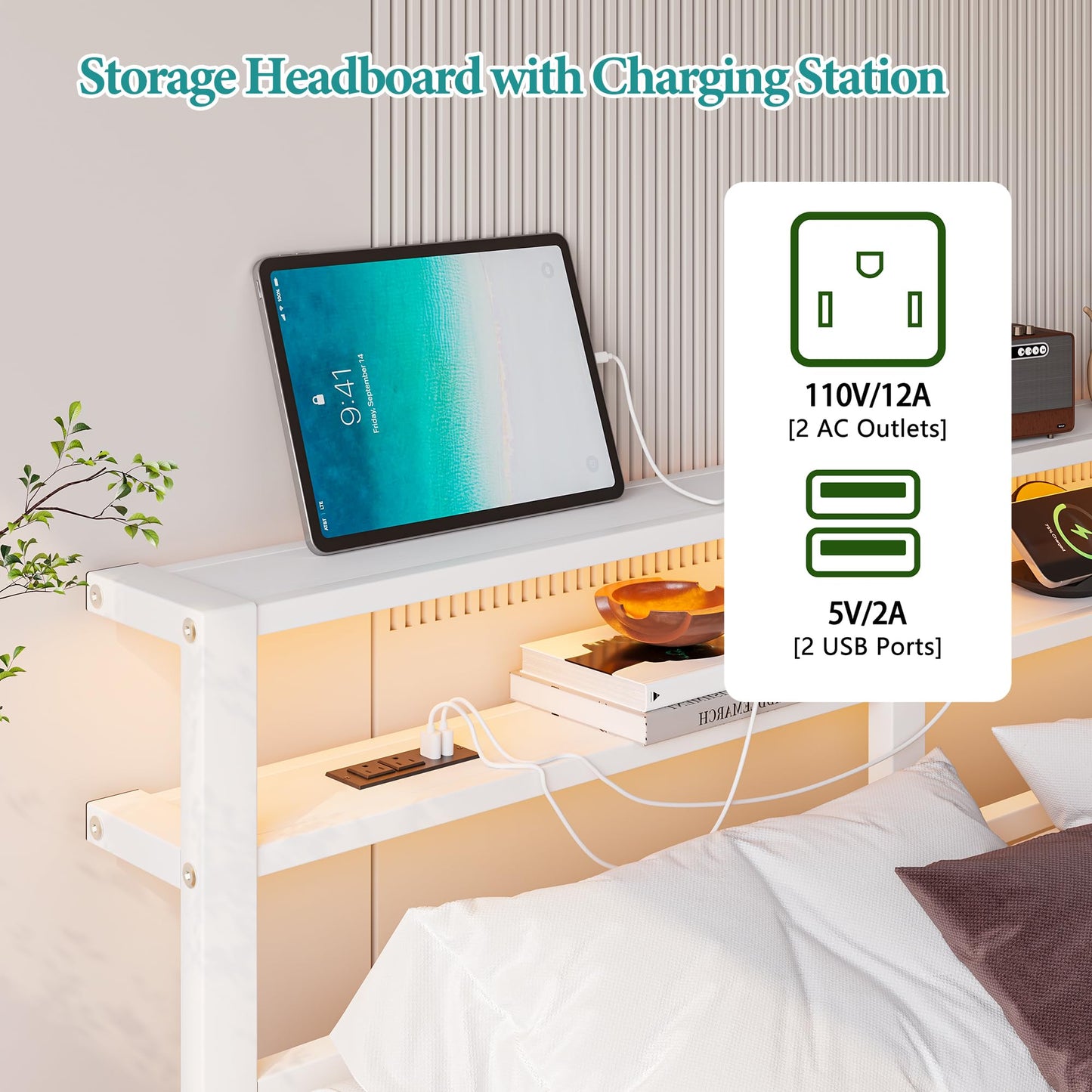 HAHRIR Floating Queen Bed Frame with LED Lights & USB Charging Station, Metal Platform Bed with Two Storage Shelves, Heavy Duty Noise-Free Slats,White