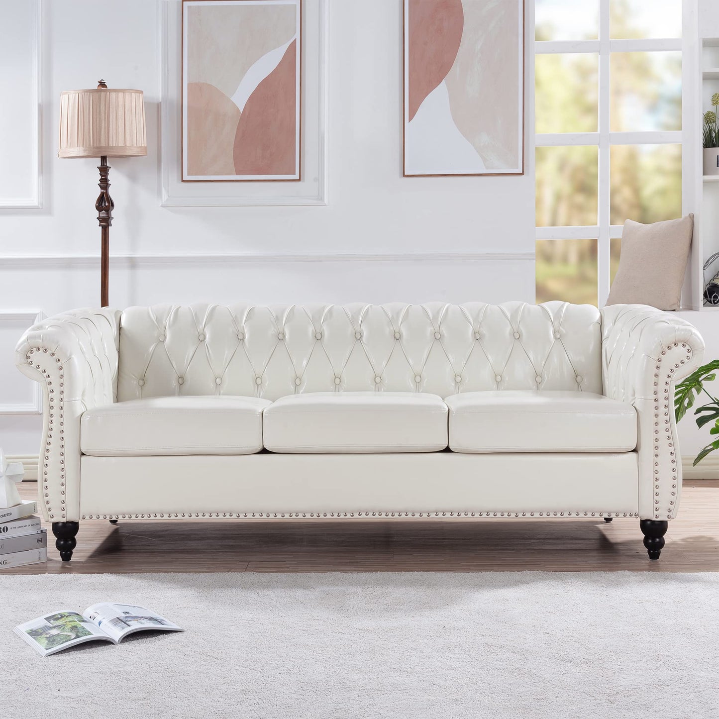 KEIKI 85" PU Leather 3-Seater Chesterfield Sofa with Cushions and Rolled Arm, Deep Pull Buckles Design Modern Style Comfy Couch with Birch Legs, Easy Assembly, for Living Room, White
