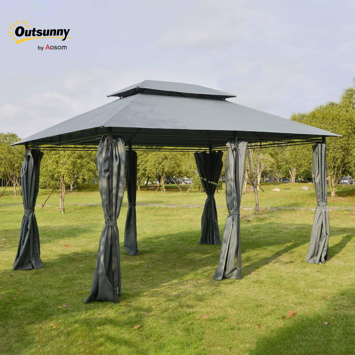 Outsunny 10' x 13' Patio Gazebo, Outdoor Gazebo Canopy Shelter with Curtains, Vented Roof, Steel Frame for Garden, Lawn, Backyard and Deck, Sage Gray