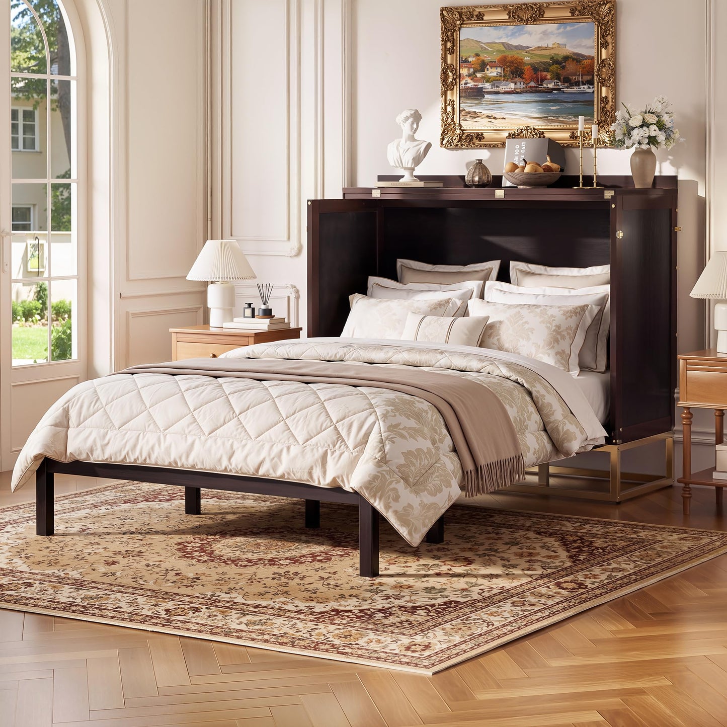Merax Queen Size Murphy Cabinet Bed, Wood Folding Bed Frame with Wood Doors and Fake Drawers Design, Space-Saving Wall Bed for Guest Room and Home Office