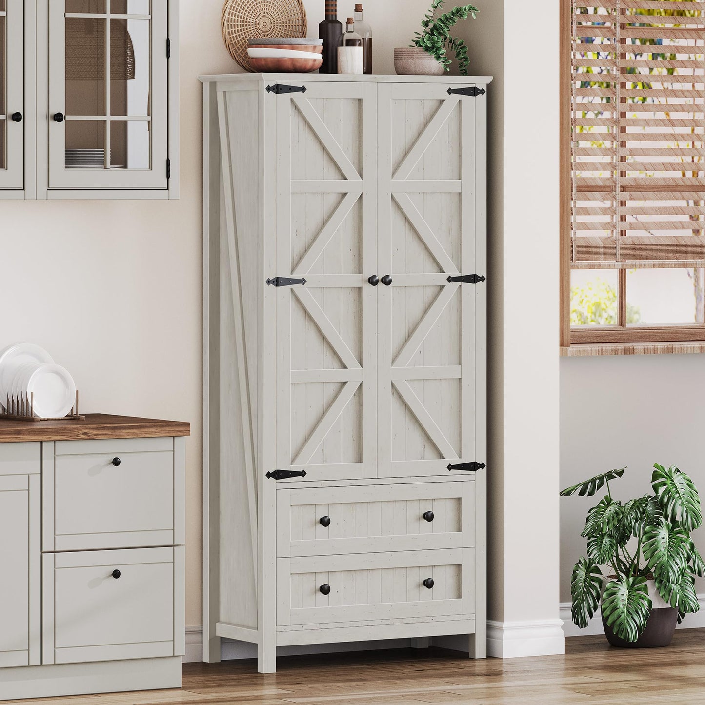 DWVO 64.5" H Kitchen Pantry Cabinet, Storage Cabinet with Barn Doors, 2 Drawers and Adjustable Shelves, Farmhouse Cupboard for Dining Room, Living Room, Bathroom, Off White