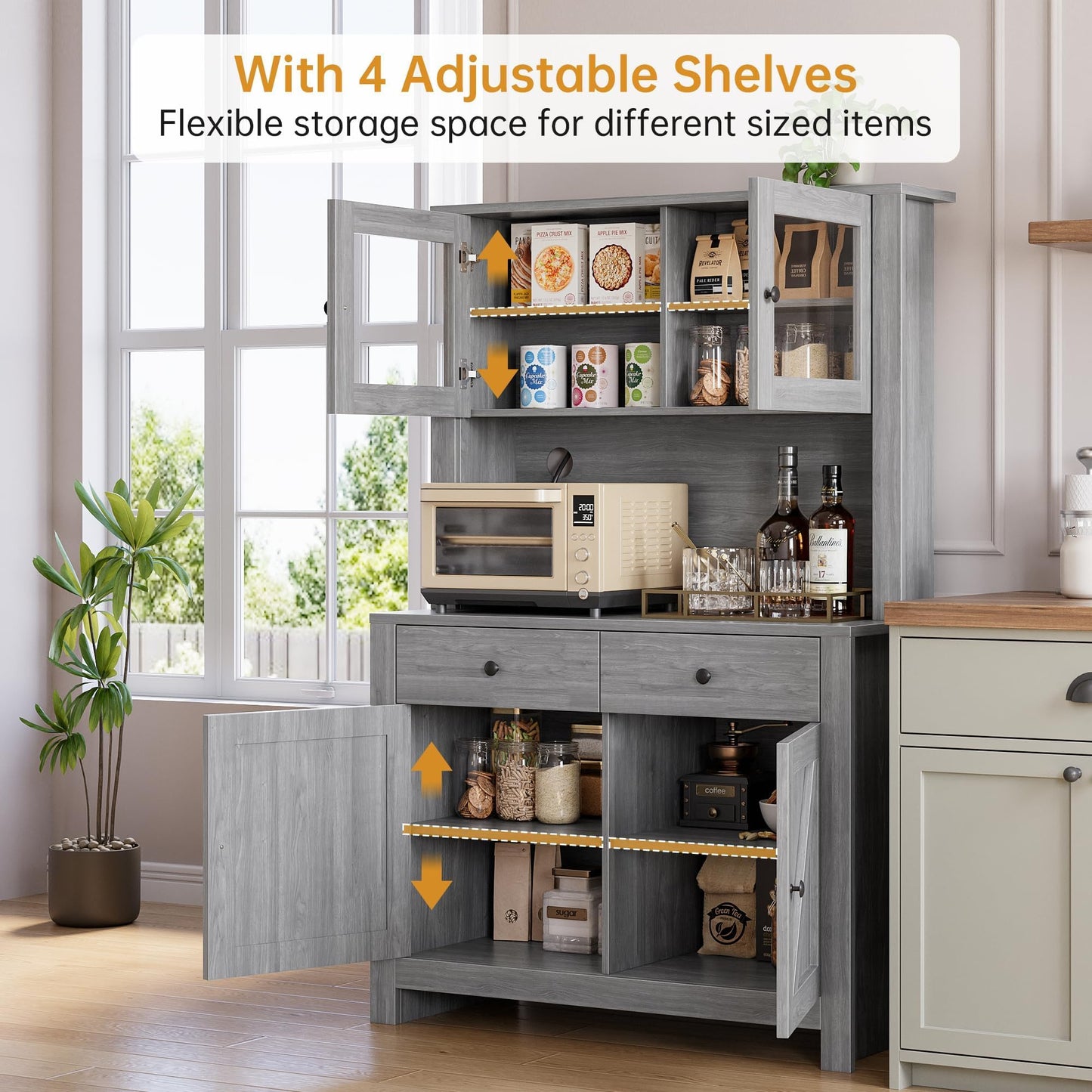 63" Tall Farmhouse Kitchen Pantry Cabinet with Microwave Stand, Freestanding Pantry Hutch Cabinet with Adjustable Shelves, Drawers & Countertop, Buffet Cupboard for Dining & Living Room Storage, Grey
