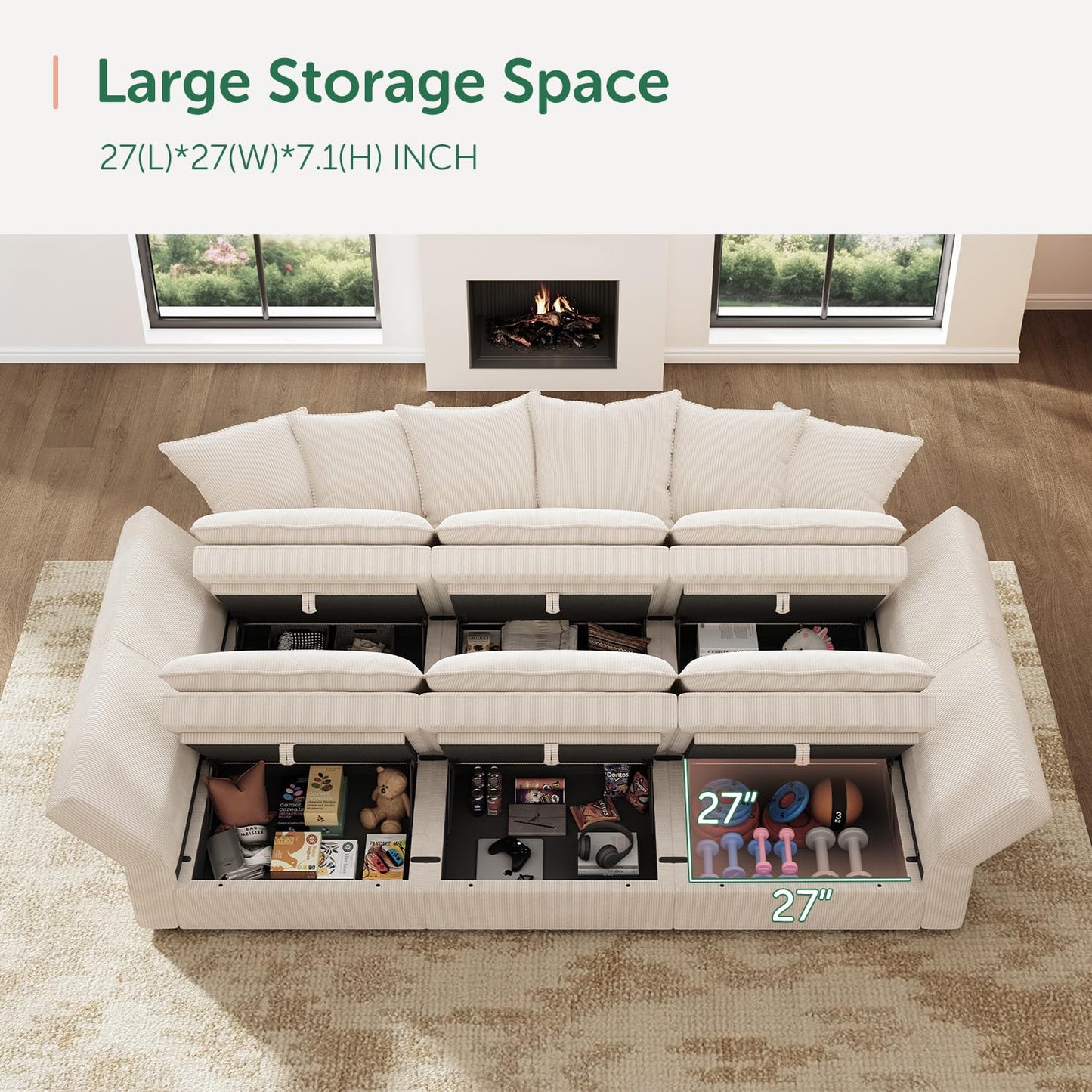 HONBAY Modular Sectional Sleeper Sofa, Corduroy 6 Seater Couch with Storage, Sectional Sleeper Couches for Living Room, Beige