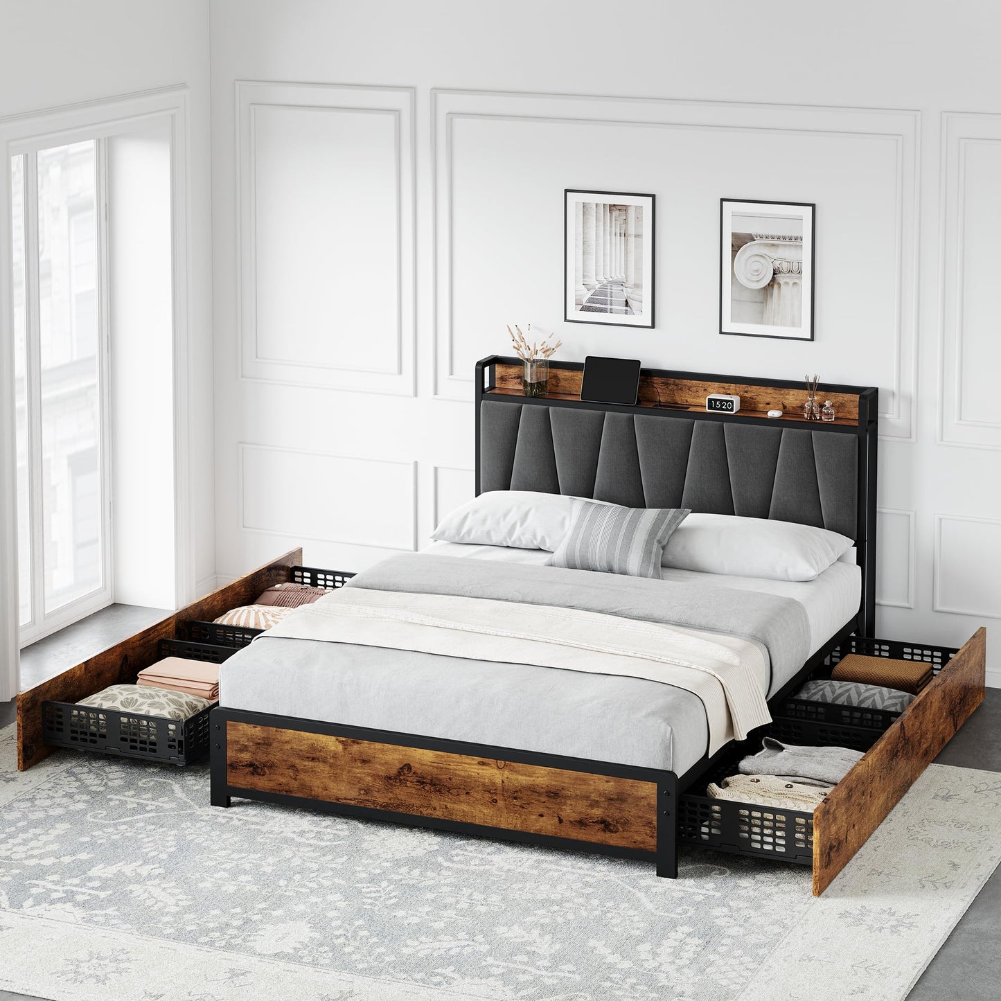 GarveeHome Full Size Bed Frame with Storage Linen Upholstered Headboard, 4 Drawers Platform Bed Frame with Charging Station, No Box Spring Needed, Easy Assembly, Rustic Brown