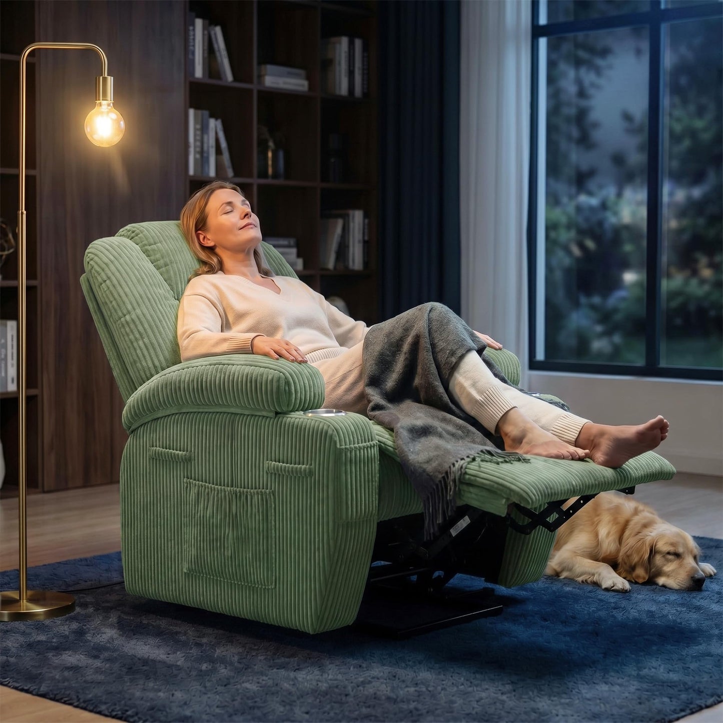 Flamaker Power Lift Chair Massage Recliner Chairs for Elderly, Corduroy Ergonomic Design with Cup Holders & Side Pockets, Remote Control (Green)