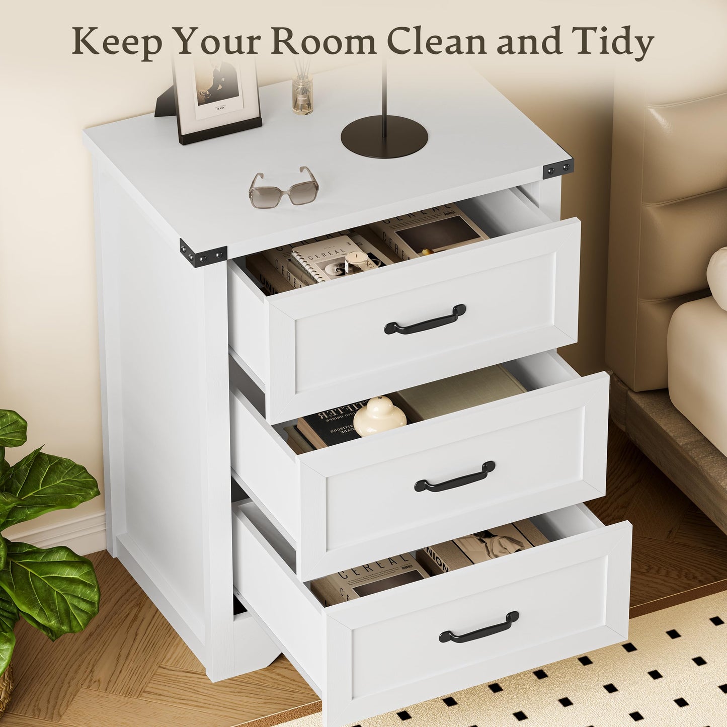 BORNOON Night Stand Set of 2, 3 Drawers Bedside Table Dresser with Metal Handles, Sturdy Wooden End Side Table Storage Cabinet with Anti-Tipping Design for Bedroom