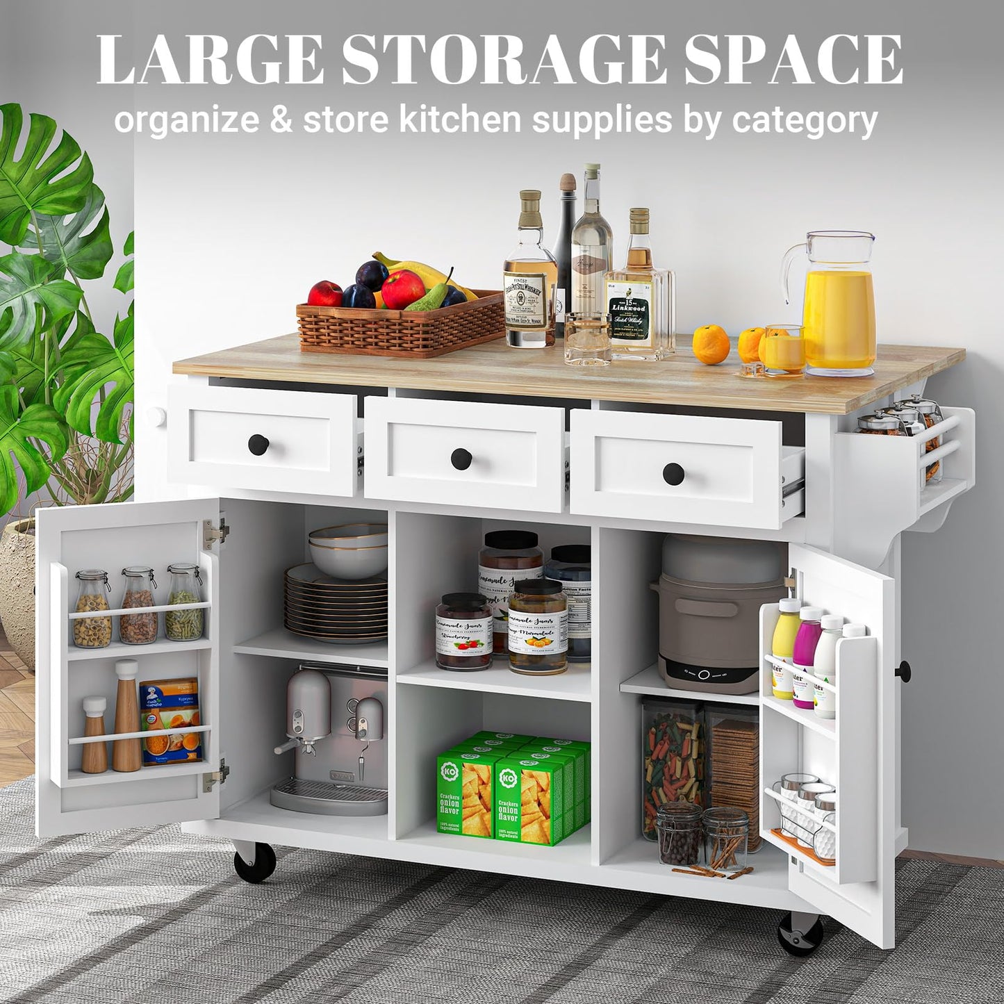 Rovibek Kitchen Island with Drawers 53 in Rolling Island Cart Mobile Portable Islands on Wheels Solid Wood Island with Storage Cabinet & Drawers, Bright White