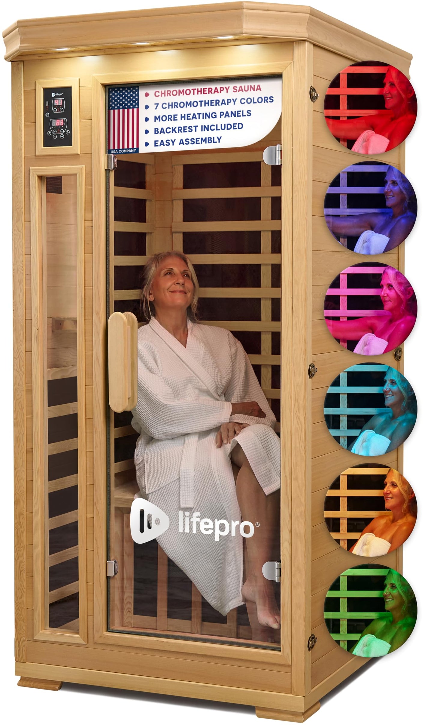 LifePro Rejuvacure 1 or 2 Person Indoor Sauna — Far Infrared Sauna for Home with Chromotherapy Lights — Carbon Fiber Panels, Tempered Glass Door, Canadian Hemlock Wood and Bluetooth Sound System
