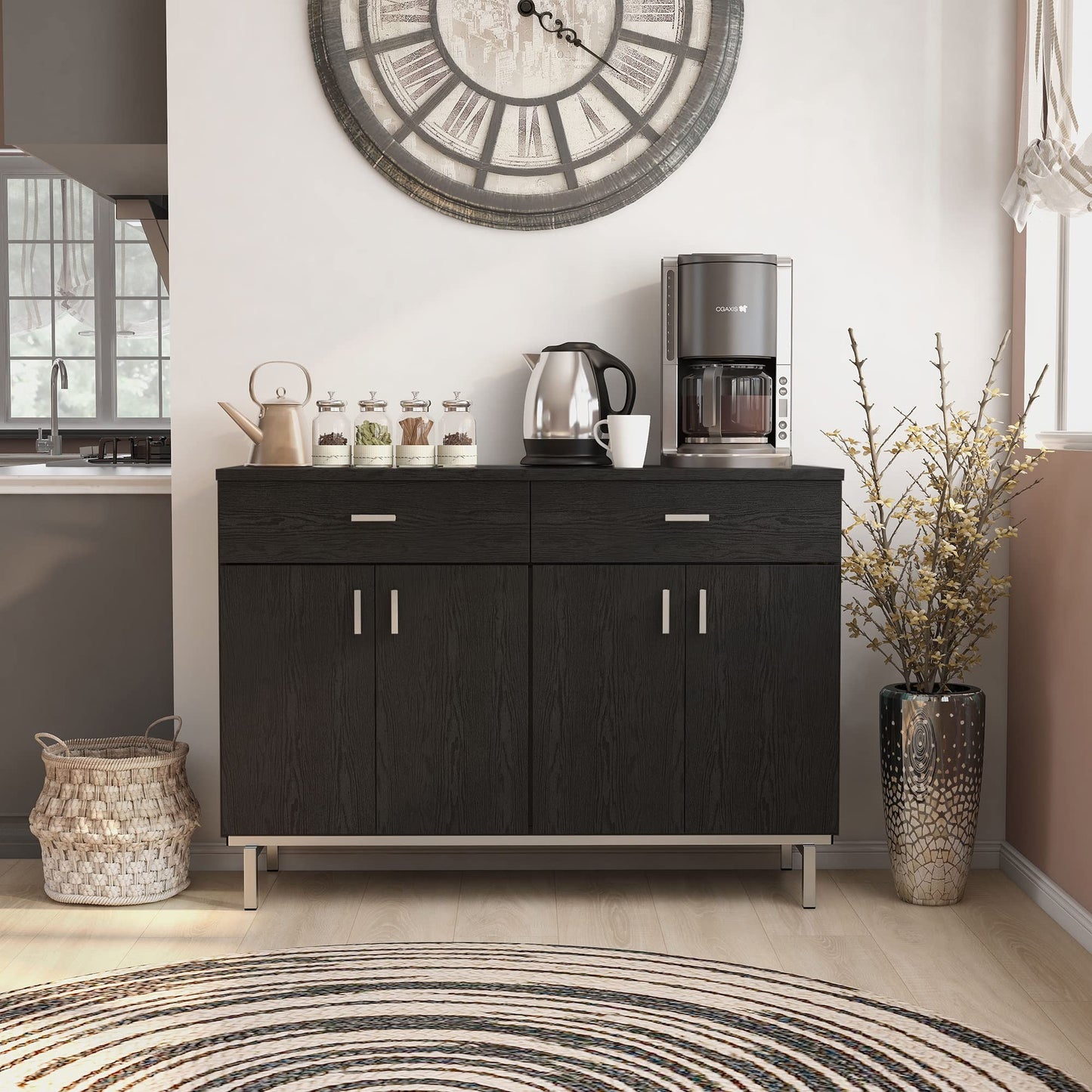 Furniture of America Brysin Modern 48-inch Sideboard Buffet Cabinet with Removable Wine Holder, 2 Drawers On Metal Glides and 2 Storage Compartments for Dining Room, Black and Silver