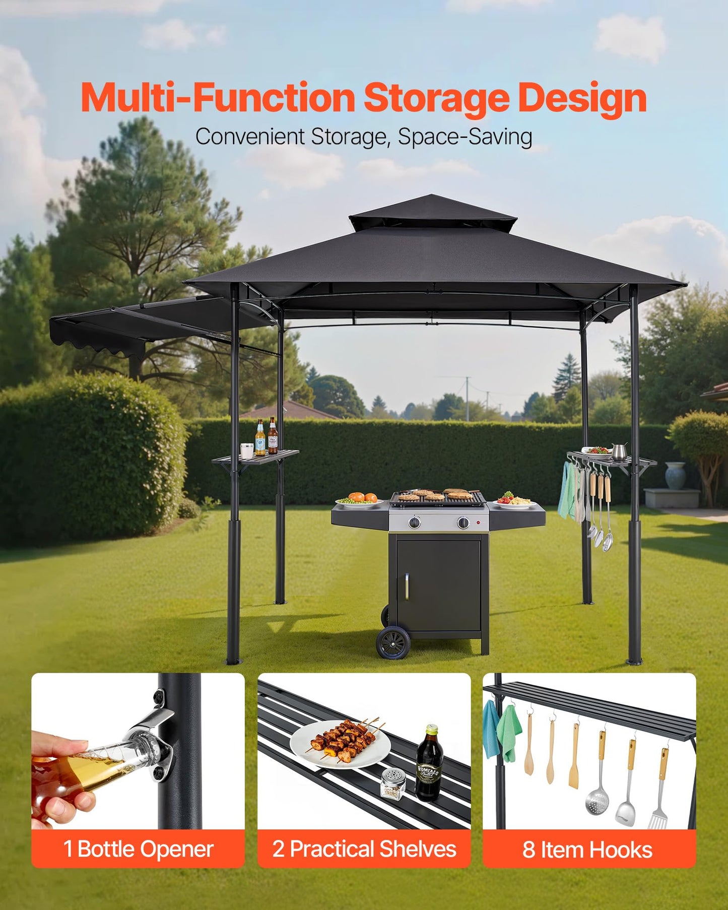 VEVOR Grill Gazebo, 8x5 ft BBQ Gazebo with Extra Awning, Double-Tiered Outdoor Grill Shelter, Thickened Support Legs, Powder-Coated Steel Grilling Canopy with Side Shelves, Bottle Opener & Hooks