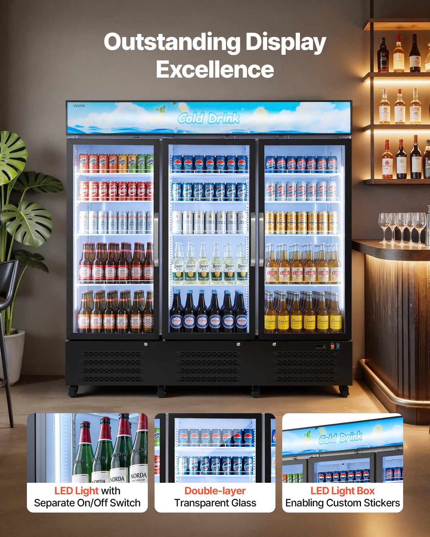 VEVOR Commercial Merchandiser Refrigerator, 54.3 Cu.Ft / 1538L Upright Beverage Cooler, 3 Glass Door Display Refrigerator with Customizable Lightbox, 12 Adjustable Shelves, Soft LED Lighting & Casters
