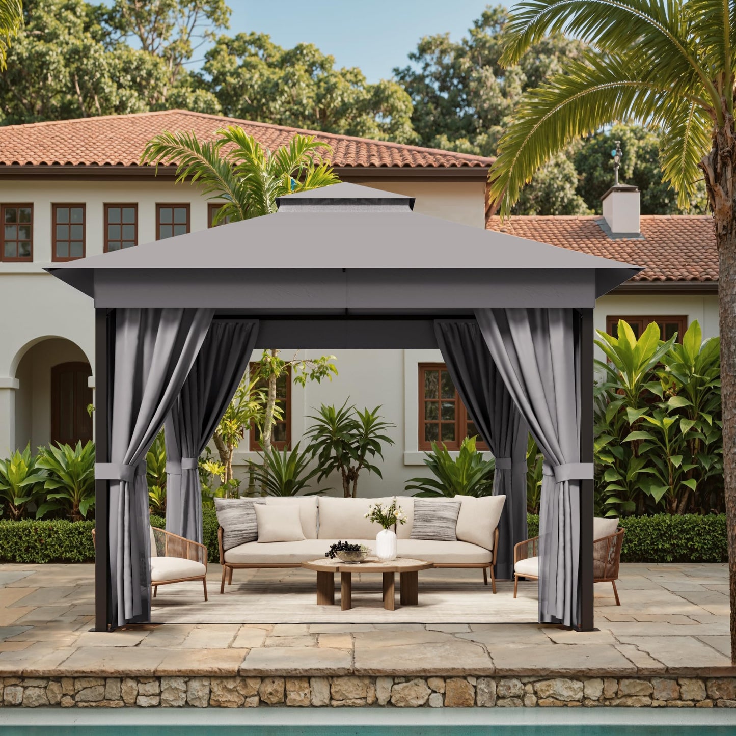 Devoko Outdoor 10'x 10' Gazebo, Soft Top Deck Gazebo with Mosquito Netting, Heavy Duty Metal Frame Canopy with Expansion Bolts and Double Roofs，Party Tent & Shelte for Backyard, Garden (Grey)