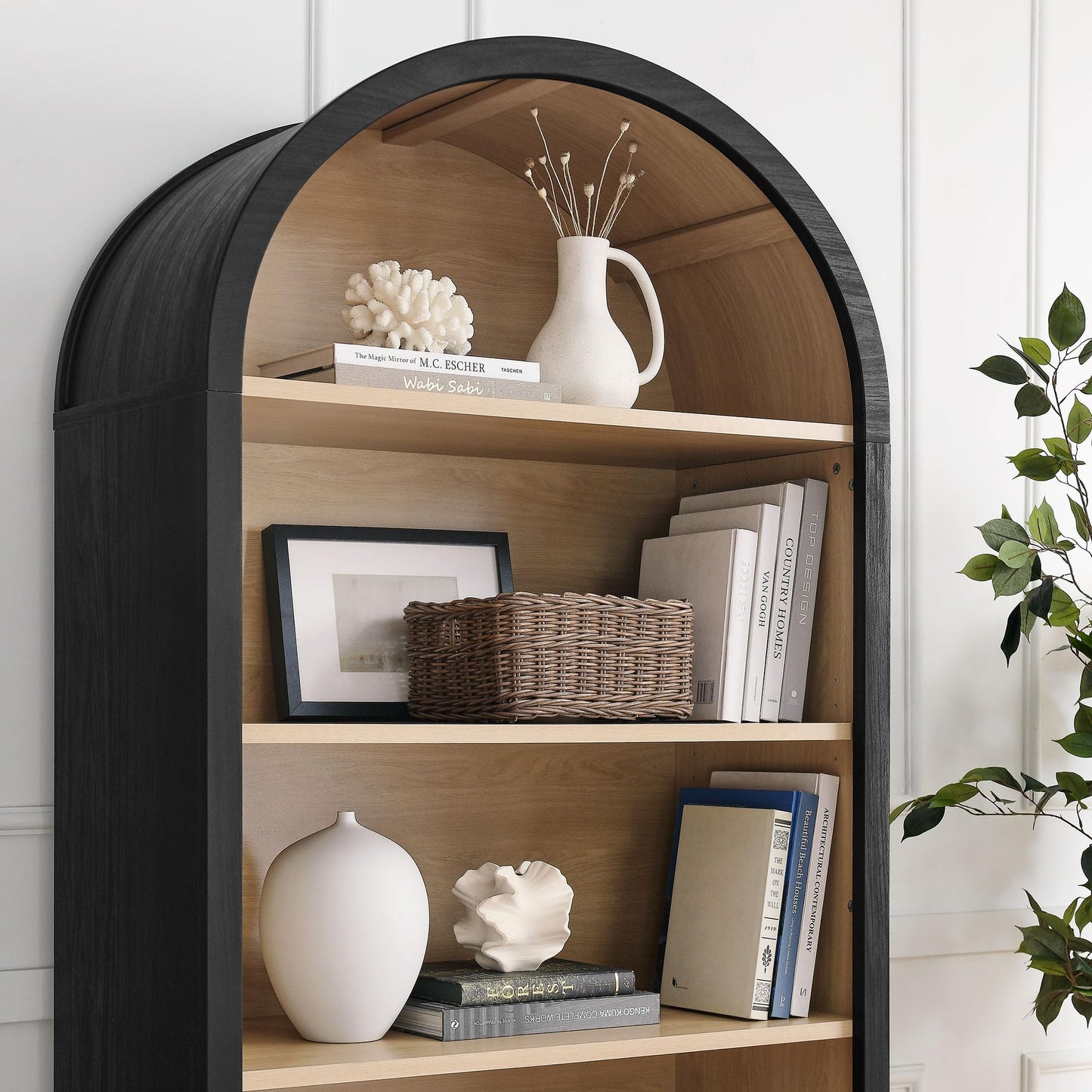 Modway Evie Modern Arched Wide Bookcase in Black - 76 Inch Open Shelf Display Cabinet - Stylish 5-Tier Bookshelf for Living Room, Dining Room, or Home Office