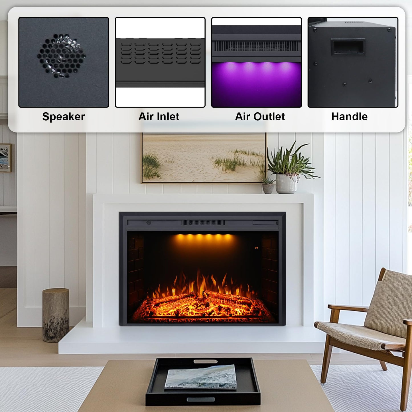 Valuxhome Electric Fireplace Heater Insert with Overheating Protection, Fire Crackling Sound, Remote Control, 750/1500W, Black, 43" L * 27" H