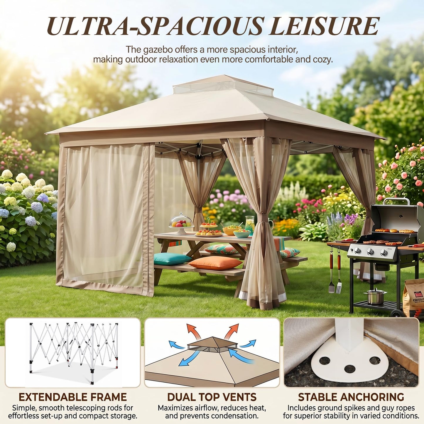11x11 Pop Up Gazebo, Instant Waterproof Outdoor Canopy Tent with Removable Mesh Netting, UV Protection Portable Sun Shelter with Wheeled Cover Bag for Patio Backyard, Khaki