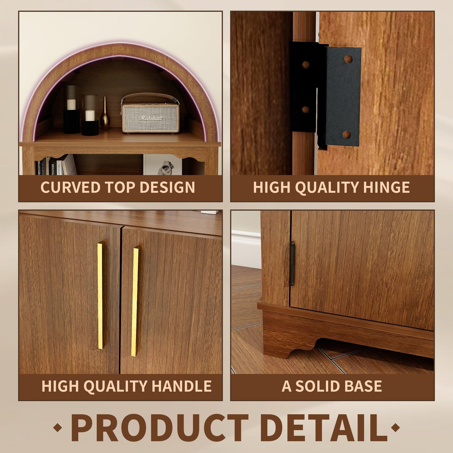 Trygoal 71'' Tall Arched Cabinet with Fluted Doors, Kitchen Pantry Farmhouse Cabinet with Open Display Shelves, Mid Century Modern Arched Bookcase for Living Room Dining Room Office Entryway, Walnut