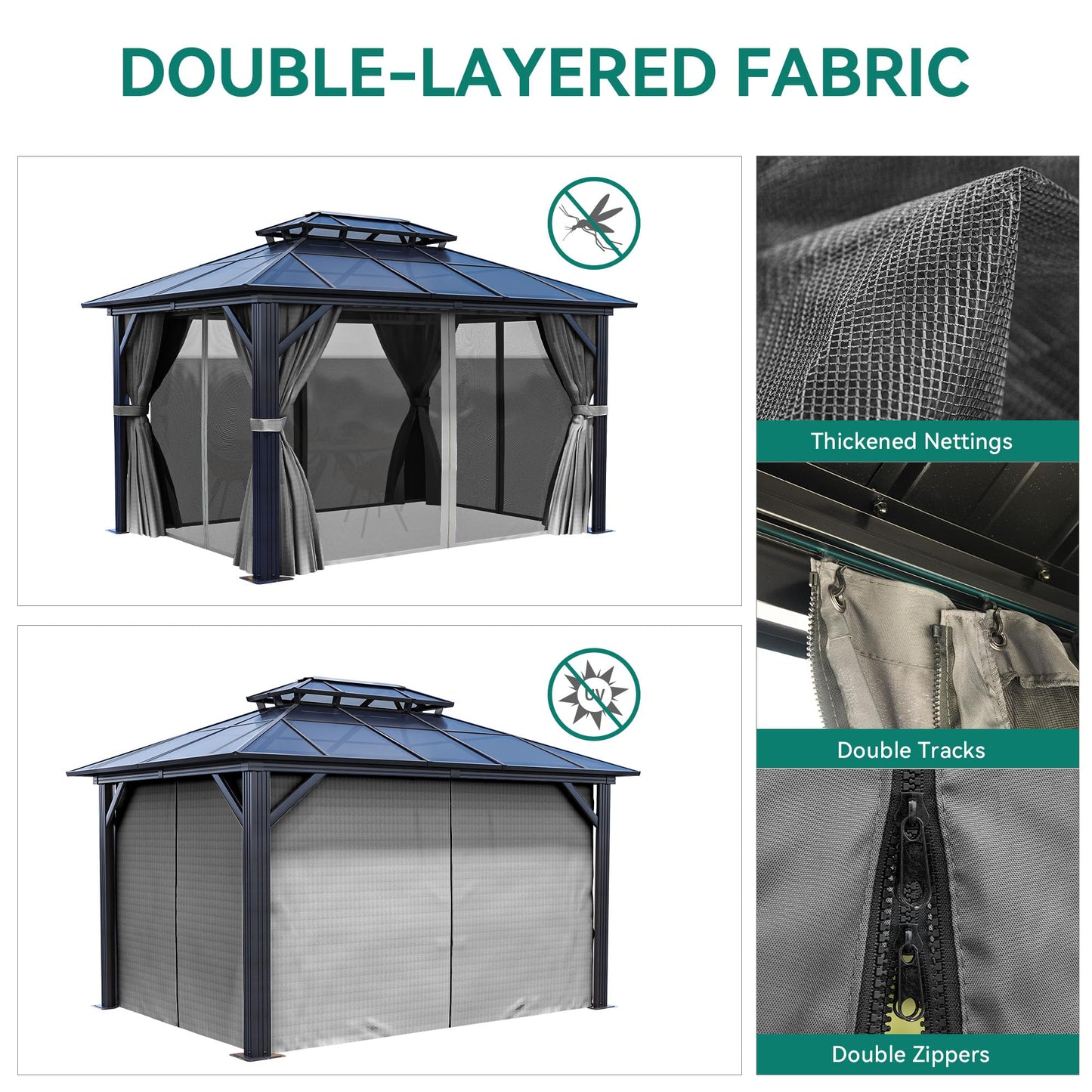 YITAHOME 10X12FT Polycarbonate Gazebo Outdoor Patio Double Top Canopy Galvanized Iron Metal Column Garden Tent Curtains Netting for Backyards Decks Lawns,Gray