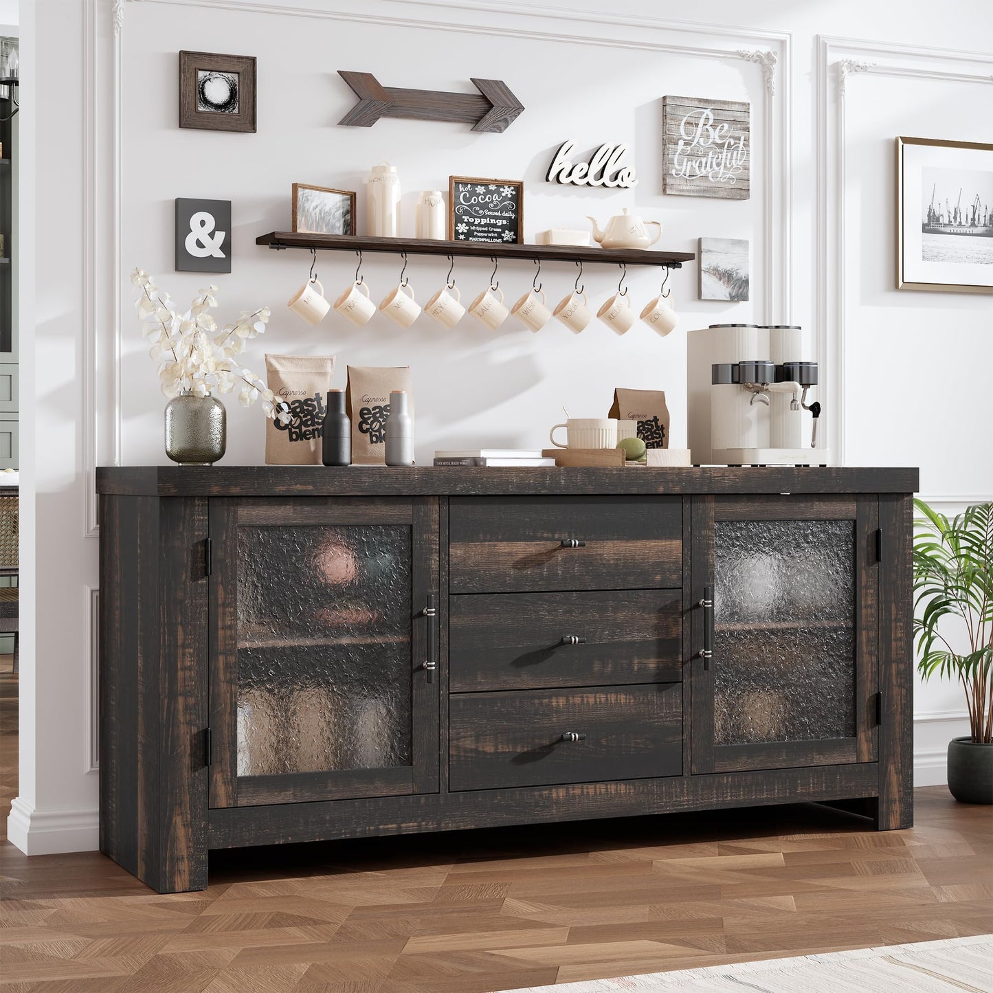 MilleLoom 54.4" Kitchen Buffet Sideboard Cabinet with 2 Glass Doors & 3 Drawers, Accent Storage Cabinet & Coffee Bar Table for Living Room Dining Room