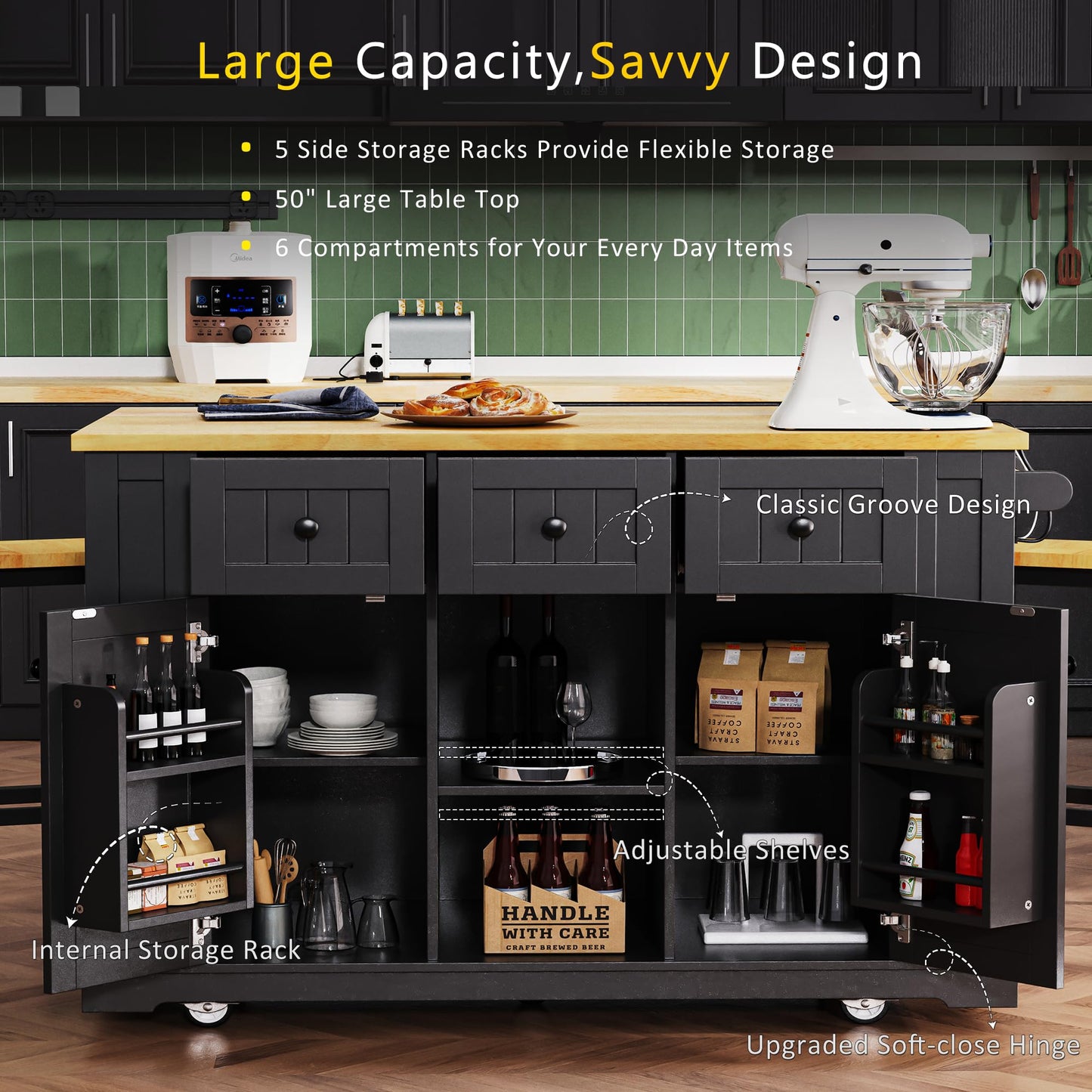 Merax 53" Large Kitchen Cart Storage Island on 5 Wheels with Drop Leaf,Power Outlet,Internal Rack for Kitchen Dining Room