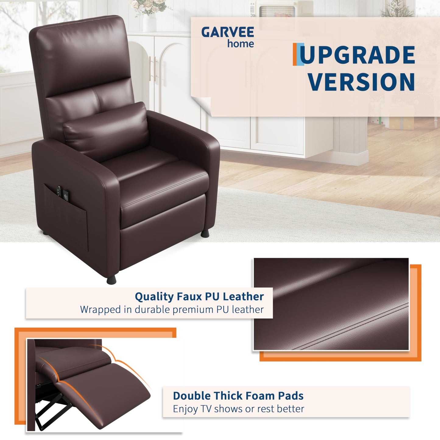 Power Recliner Chair with Heat & Massage, Adjustable Electric PU Leather Single Sofa, Ergonomic Tall-Back Padded Seat, Home Theater Seating Recliner for Living Room