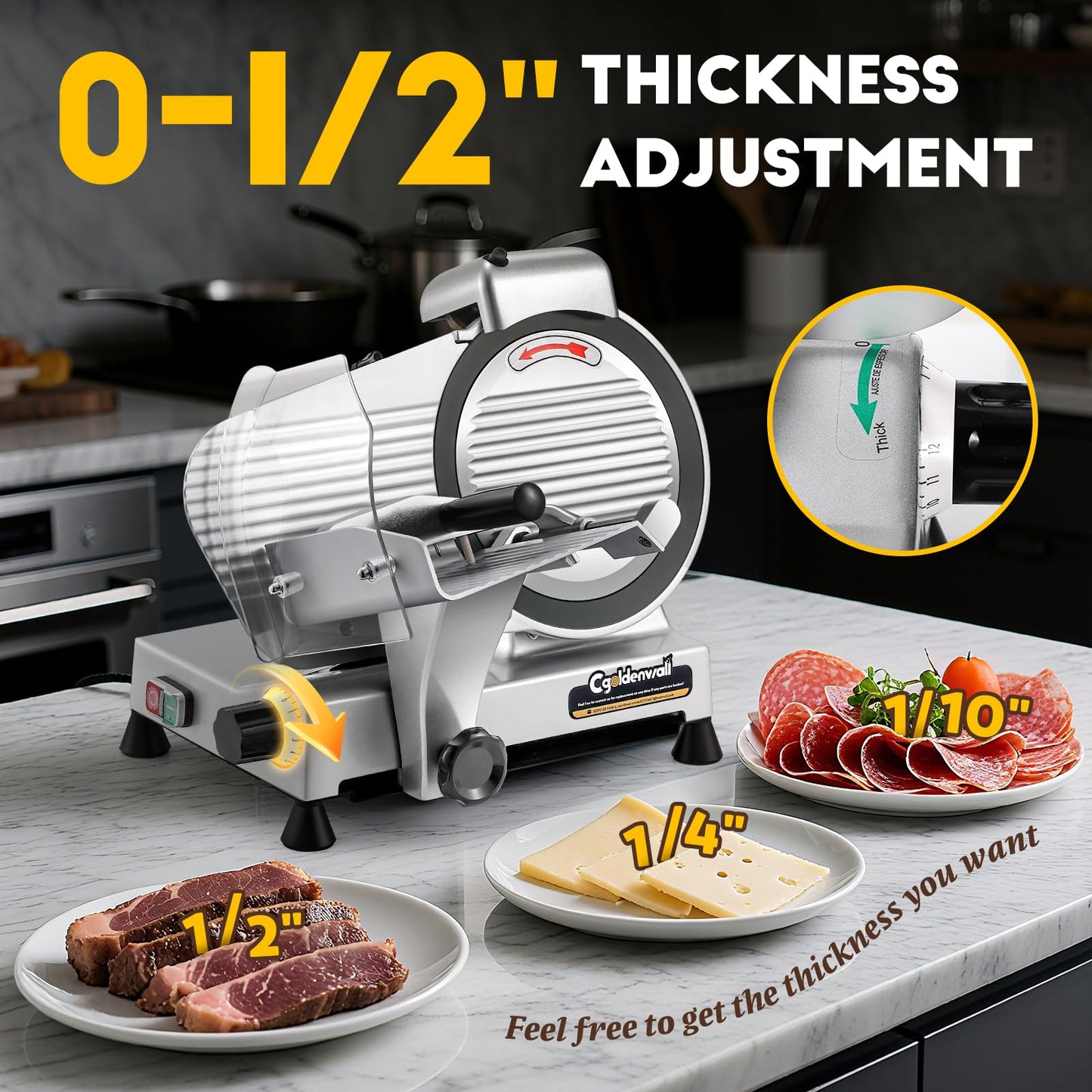 CGOLDENWALL Meat Slicer Machine with Teflon Non-stick Blade 240W Electric Meat Slicer for Frozen Meat/Deli Meat/Cheese/Food Slicer, Low Noises Commercial and Home Use
