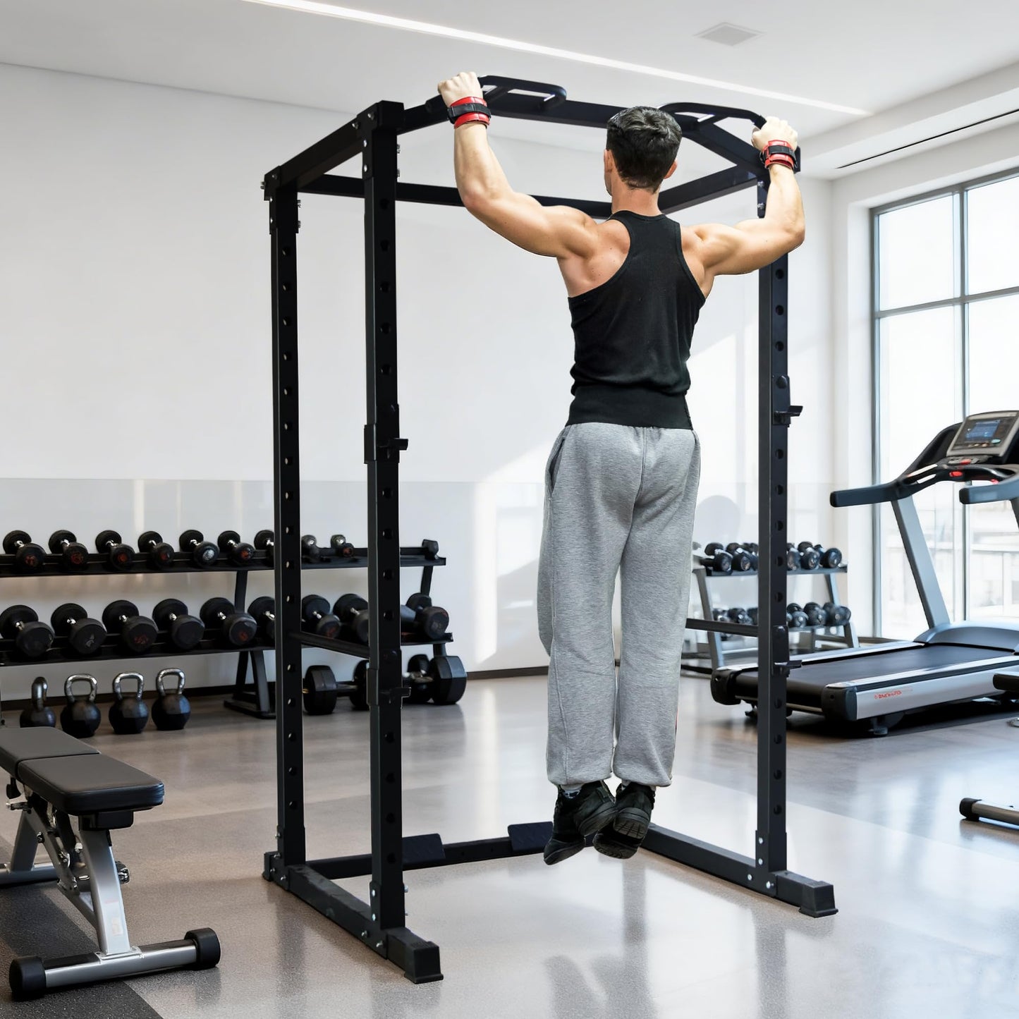 Fitvids 1,000 Pound Capacity 2.5” x 2.5” Power Cage Squat Rack, Includes J-Hooks and Multigrip, Other Optional Accessories-Black