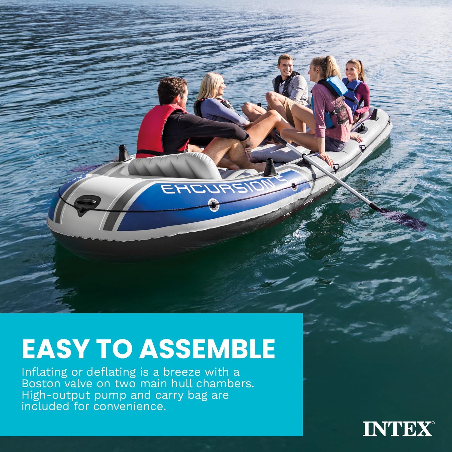 Intex Excursion 5 Person Inflatable Boat, Water Fishing River Raft Set w/ Oars - Large 1,300 Lb Capacity Portable Blow-Up 5 Seater Raft for Adults
