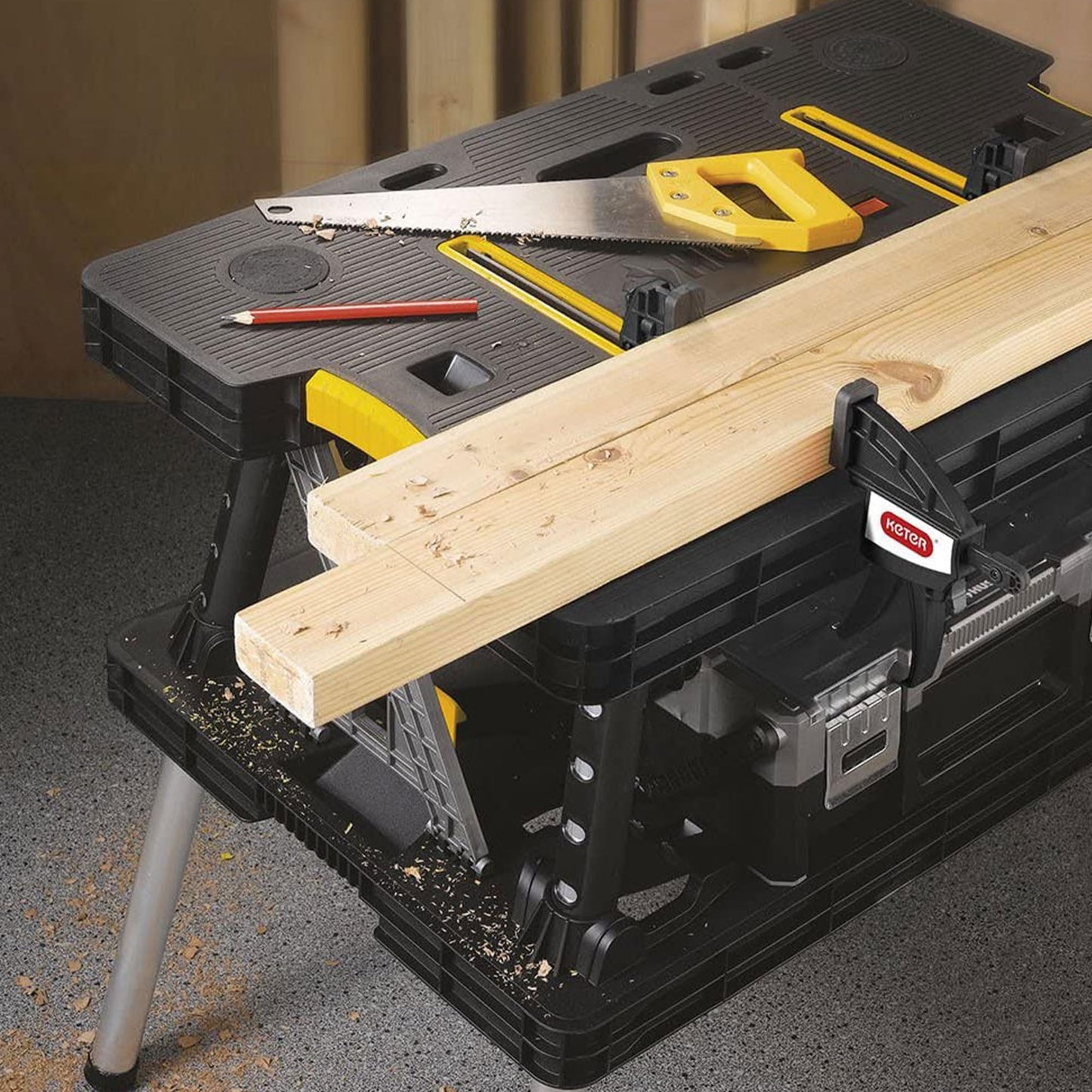 Keter Folding Portable Table Tool Stand Workbench with 2 12" Wood Clamps for Miter Saws, Home Improvement, and Construction, Black & Yellow (2 Pack)