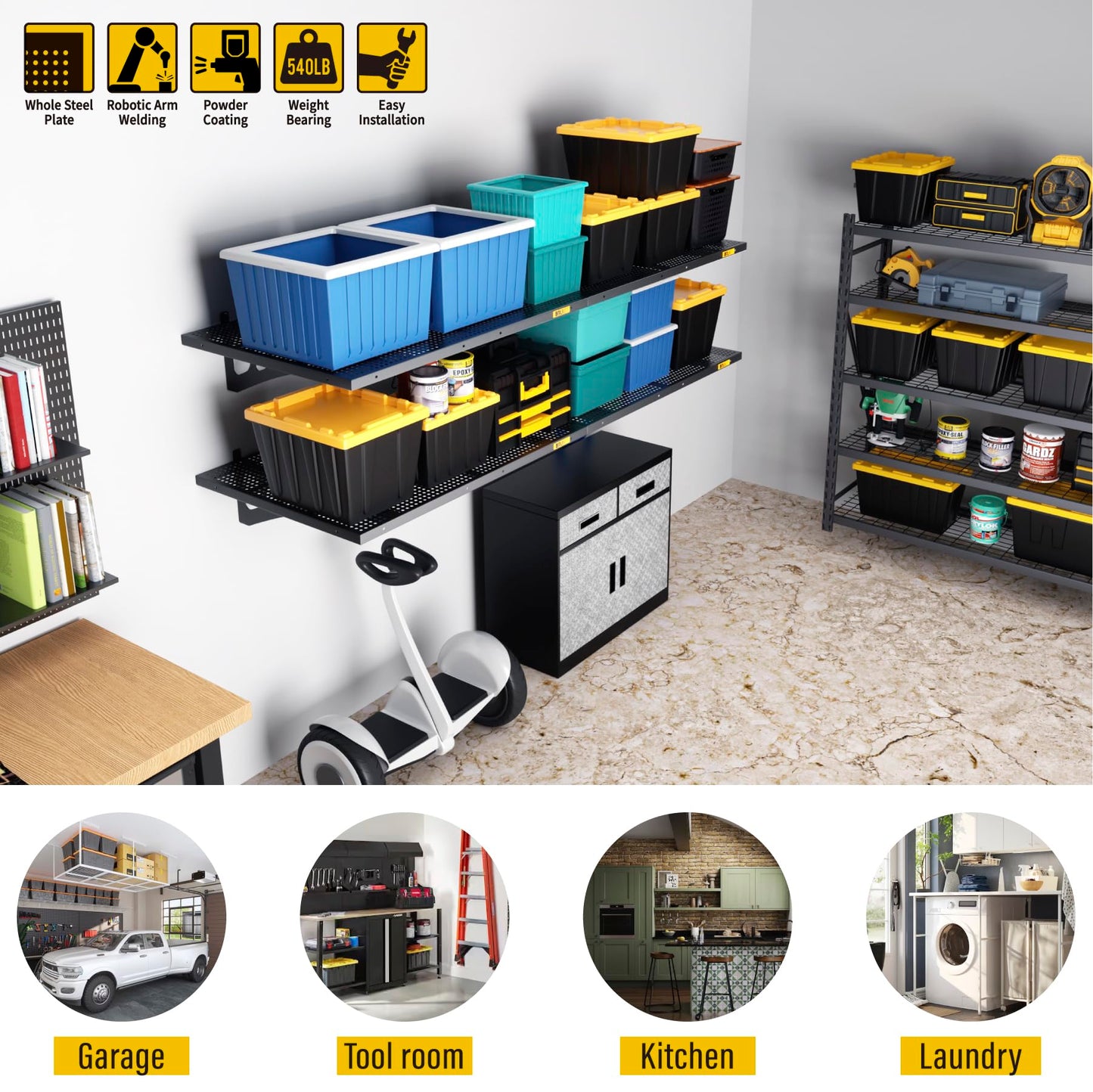Brukid 4Pack 2x3ft Adjustable Metal Garage Wall Shelving Heavy Duty Garage Storage Shelf Wall Mounted Black