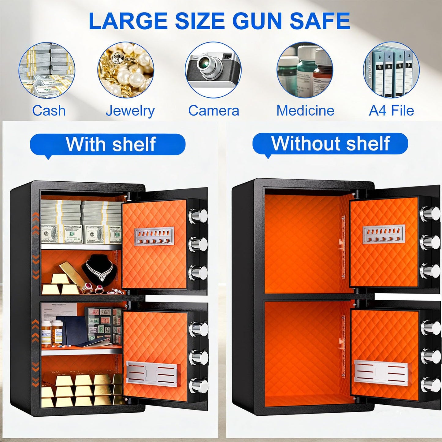 Riflewell 7.0 Cubic Ft Fireproof Waterproof Safe Box, Heavy Duty 2-Door Home Security Safe with Fingerprint Lock & Alarm System, Safe for Documents, Cash, Pistols and Valuables