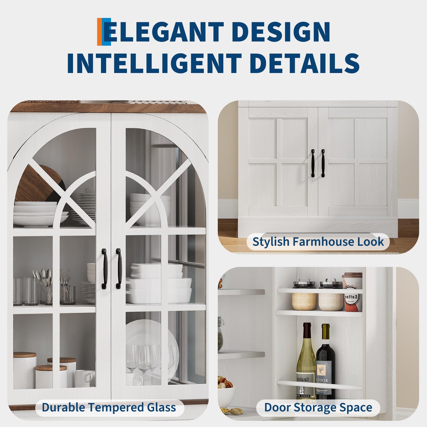 Garvee Farmhouse Pantry Cabinet, 71.9" Tall Freestanding Kitchen Cabinet with Tempered Glass Doors& Anti-Tip Design for Kitchen, Dining Room & Living Room,White