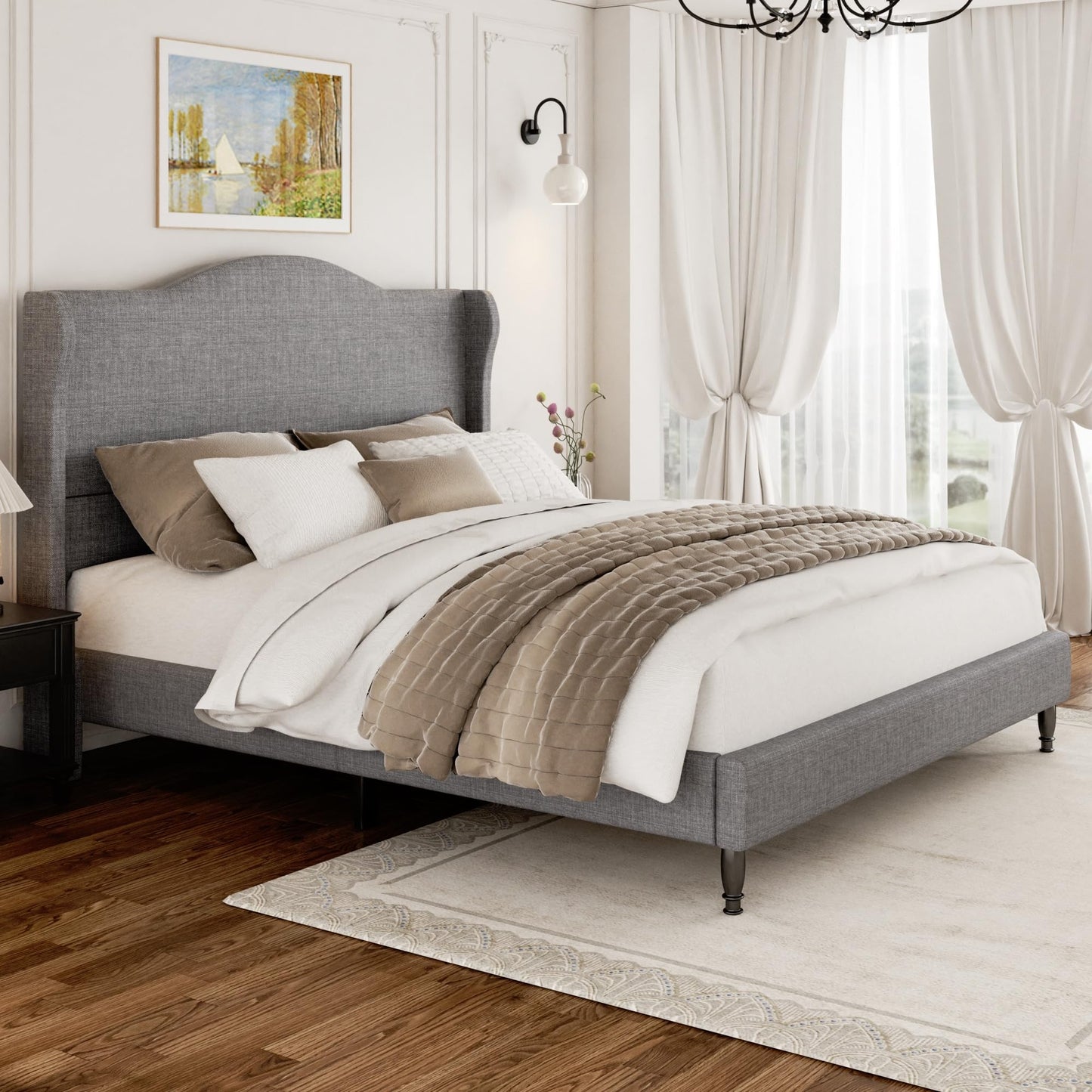 Feuorlwe Queen Size Upholstered Platform Bed Frame, Light Grey
