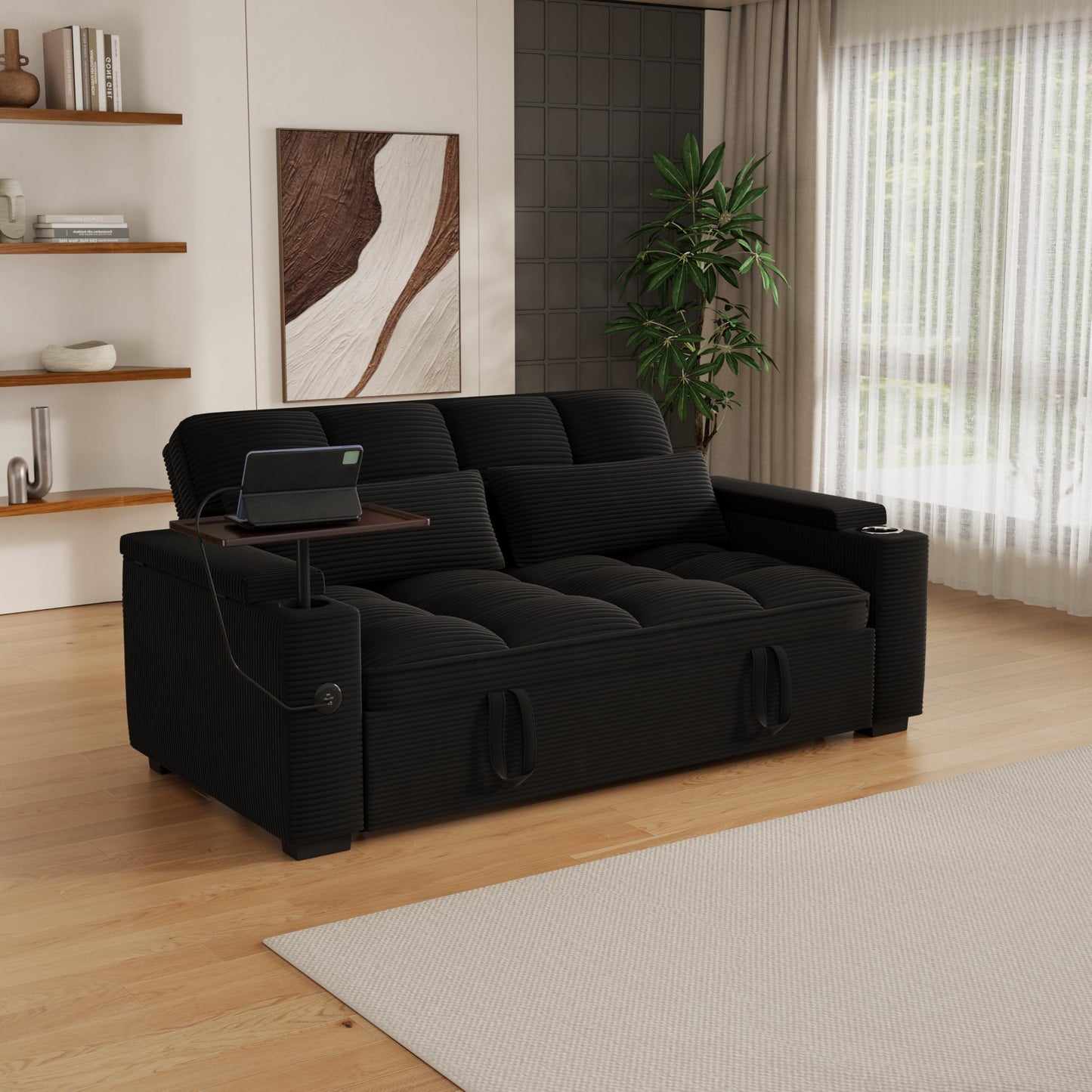 KEIKI 65" 3-in-1 Convertible Sofa Bed with 360° Swivel Table, Pullout Sleeper for Living Room, Small Space Apartment, Modern Textured Corduroy Upholstery, USB Charging, Storage Armrests