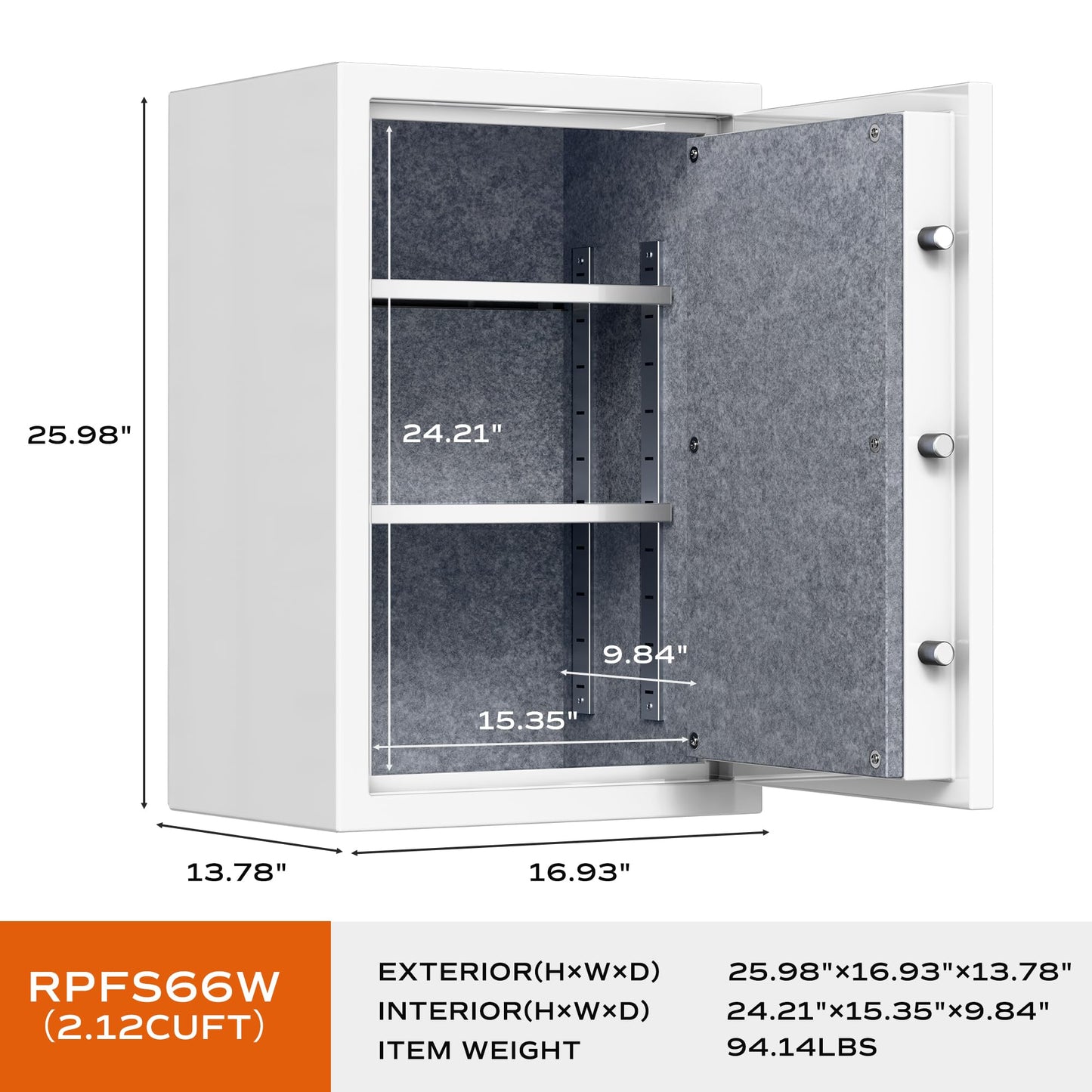 RPNB Deluxe Biometric Safe Box,Digital Fingerprint Fireproof Waterproof Safe with Touch Screen,Removable Shelf and 3 Spoke Handle,Home Safes for Cash Documents Jewelry,2.12 Cubic Feet,White