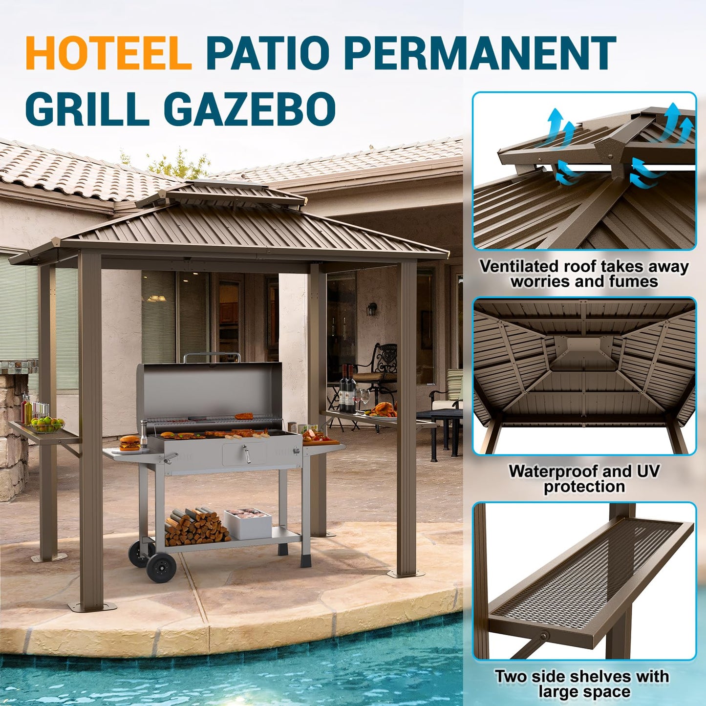 Hoteel 6x8 Hardtop Grill Gazebo, Outdoor Patio BBQ Gazebo with Galvanized Steel Double Roof, Hardtop Barbecue Canopy with 2 Side Shelves for Deck Lawn Backyard Garden,Brown