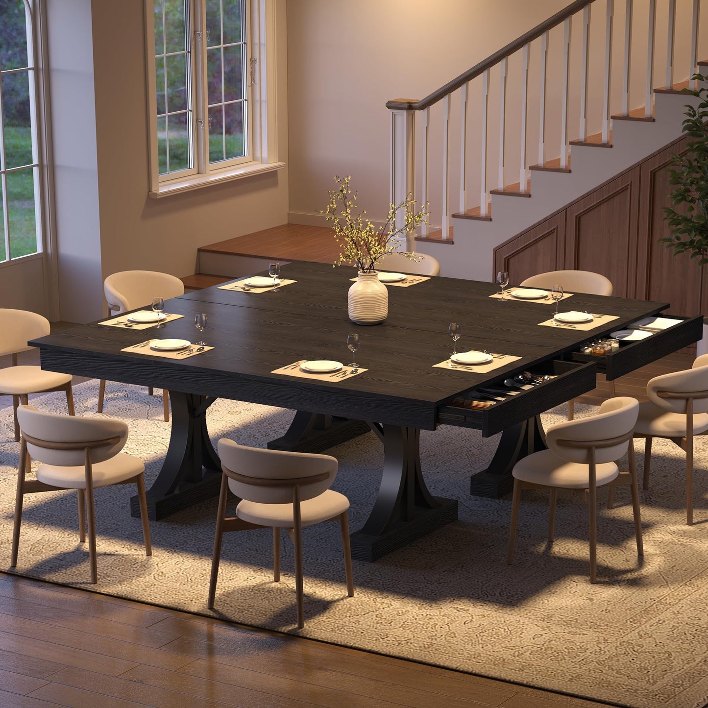 GarveeHome Dining Table for 6-8 with 2 Drawers,71-Inch Industrial Dining Table with Large Tabletop & Sturdy Frame, Rectangular Wooden Kitchen Table with Double Pedestal, for Dinner， Rustic Black
