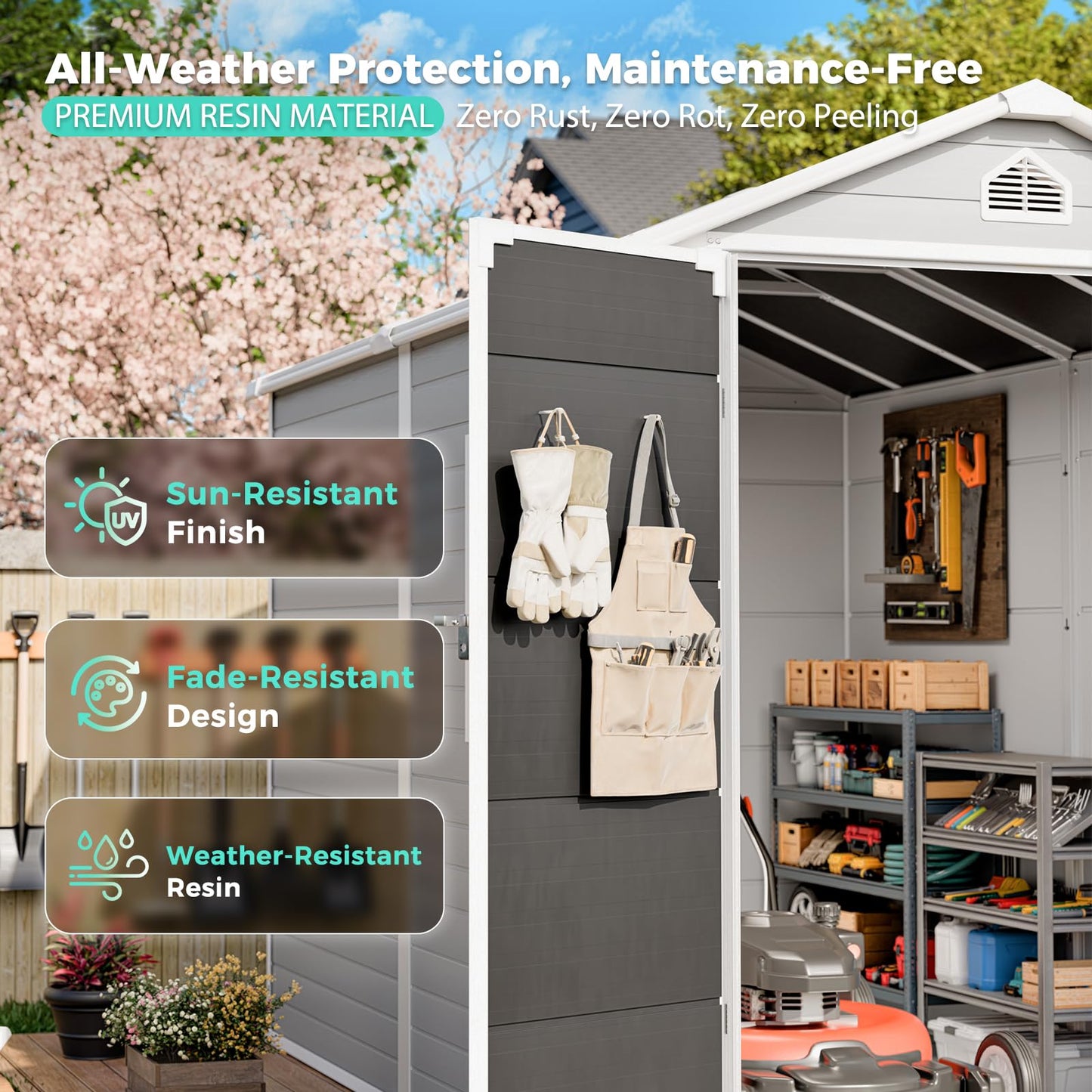 SENYUN 8x6 FT Resin Storage Shed with Floor Included, Garden Outdoor Shed with Lockable Doors and Window, Double-Wall Polypropylene Plastic Shed for Backyard, Patio, Lawn, Bike, Tools, Grey