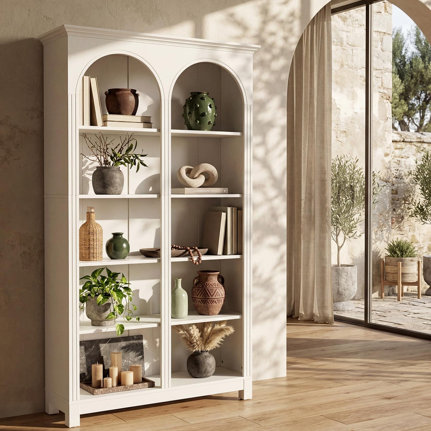 LITTLE TREE White Bookshelf, 5-Tier Tall Bookshelf, Open Storage Wide Display Book Shelf for Bedroom Living Room Office, Farmhouse Modern Elegant Arched Bookshelf