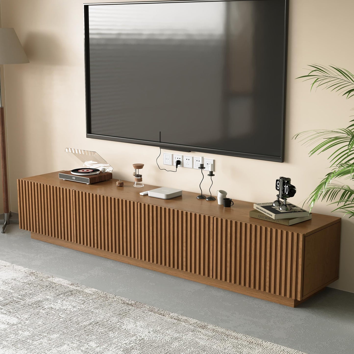 DinaiteEain 86.61" Mid Century Modern TV Stand for TVs up to 85 Inch, Walnut Media Console with 4 Doors & Large Storage, Entertainment Center for Living Room or Bedroom