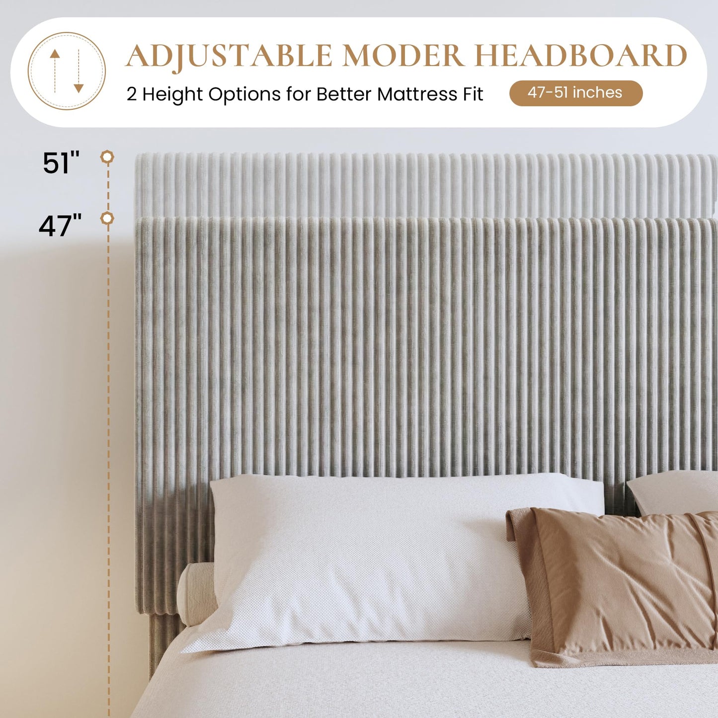 SHA CERLIN King Bed Frame, Velvet Platform Bed Frame with Vertical Channel Tufted Headboard, Upholstered Corduroy, Strong Wooden Slats, No Box Spring Needed, Easy Assembly, Light Grey