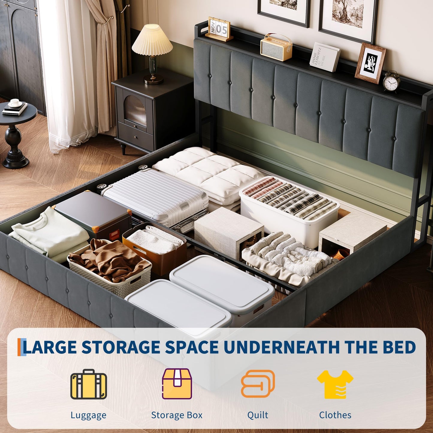 Garvee King Size Lift Up Storage Bed, Upholstered Velvet Bed Frame with Storage Headboard, Metal Platform Bed, No Box Spring Needed, Solid Wooden Slats, Noise Free, Grey