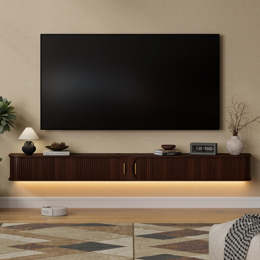 DHH 94.8" Floating TV Stand with Power Outlet for TVs up to 100", Mid Century Modern TV Console with RGB LED Lights, Fluted Entertainment Center with Sliding Door for Living Room, Bedroom (Walnut)