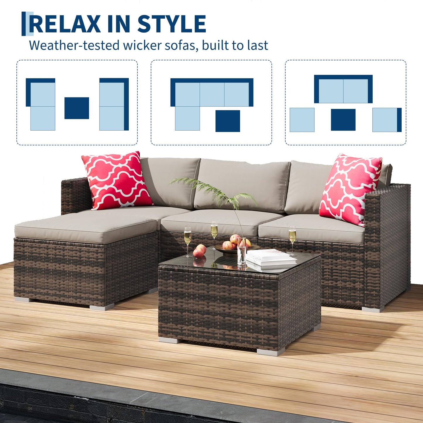 MilleLoom 5-Piece Outdoor Sectional Sofa Set, All-Weather PE Rattan Patio Furniture with Ottoman & Tempered Glass Table, Convertible Garden Couch for Backyard, Porch, Poolside (Brown/Light Gray)