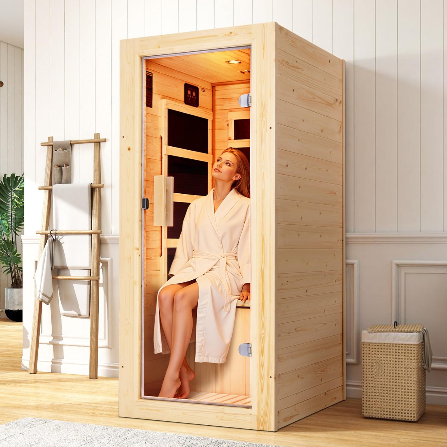 Albott Infrared Sauna 1 Person, Infrared Saunas for Home, 110V Spruce Wood Dry Sauna with Foot Warmer, Easy Assembly – Compact Indoor Spa, 149℉ Heating, LED Light, 27.2"x31.8"x60.2"